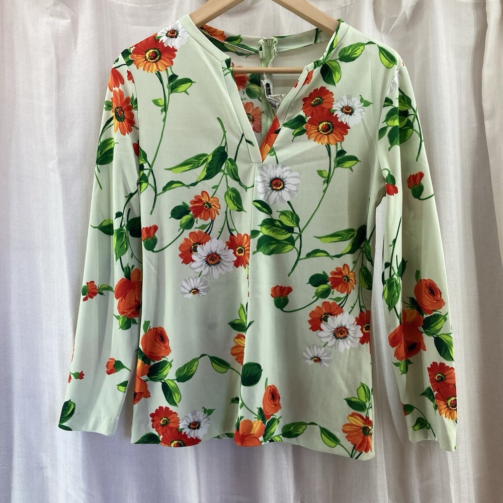 Vintage Joseph Magnin‎ 70s Floral Green Orange Top